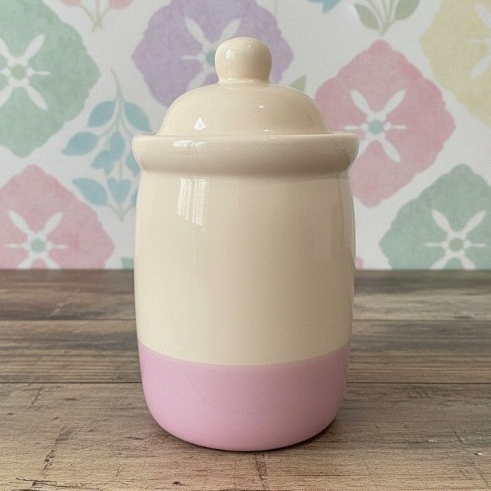 Cream Lidded Candle Crock With Pink Stripe, Vintage Ceramic Canister, Storage